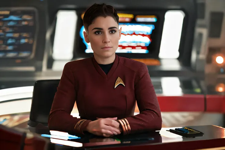 front medium, solo (m3ln4via:0.99) a woman sitting at the console of a star ship, (red stsnwunf uniform),<lora:STSNW1024:1>, aesthetic lighting dark studio, bokeh, beautiful face, narrowed eyes. smirk. black Iroquois hair, small tits , dynamic, action shot