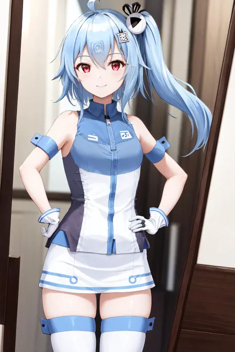 masterpiece, best quality, highres, 1girl 33 hair ornament, shirt skirt black thighhighs white gloves  <lora:33:1> standing, hand on hip, smile