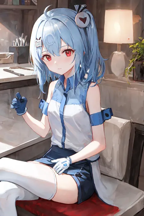 masterpiece, best quality, highres, 1girl 33 hair ornament, shirt skirt black thighhighs white gloves <lora:33:1> sitting, crossed legs