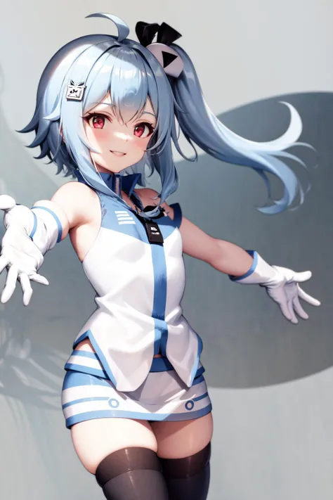 masterpiece, best quality, highres, 1girl 33 hair ornament, shirt skirt black thighhighs white gloves  <lora:33:1> standing, smile