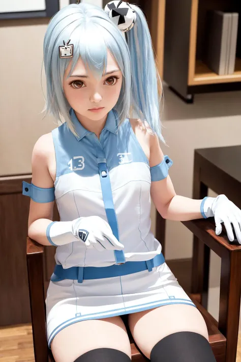 masterpiece, best quality, highres, 1girl 33 hair ornament, shirt skirt black thighhighs white gloves <lora:33:1> sitting on chair (photorealistic : 1.4)
