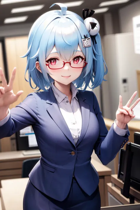 masterpiece, best quality, highres, 1girl 33 hair ornament <lora:33:1> glasses, smile, white shirt, suit, office lady