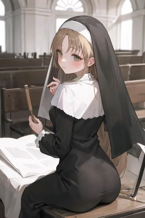 origen, (nun), 1girl, from behind, church, masterpiece, best quality