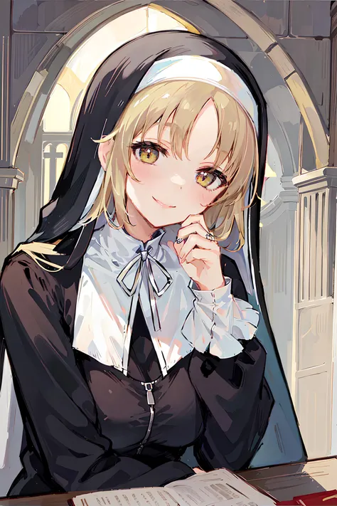 origen, (nun), 1girl, church, masterpiece, best quality, {lips}, {moist lips}, smile, {closed mouth}, upper body, blonde hair, sister clearie, {{detail eyes}},