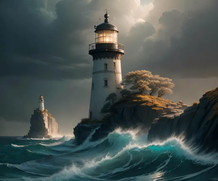 The lighthouse in sea breeze, acrylic on canvas, in the style of monochrome toning, dramatic lighting effects, naturalistic, atmospheric animal paintings, dark silver and light cyan, light navy and yellow, uhd image, highly detailed figures, Miki Asai Macro photography, close-up, hyper detailed, trending on artstation, sharp focus, studio photo, intricate details, highly detailed, by greg rutkowski,