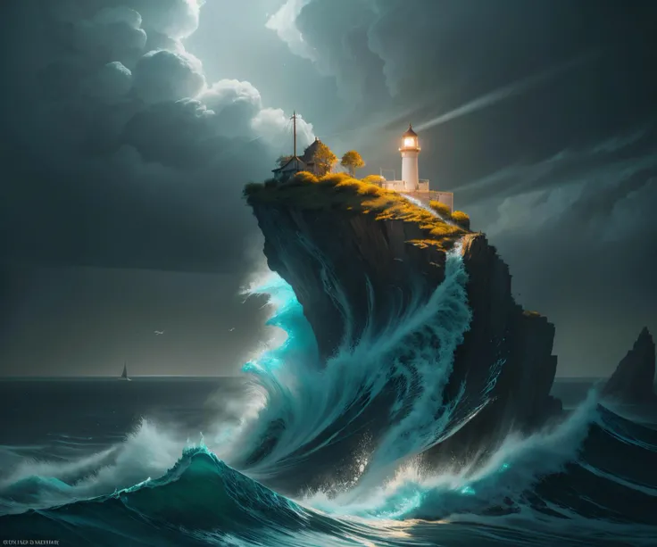 The lighthouse in sea breeze, acrylic on canvas, in the style of monochrome toning, dramatic lighting effects, naturalistic, atmospheric animal paintings, dark silver and light cyan, light navy and yellow, uhd image, highly detailed figures, Miki Asai Macro photography, close-up, hyper detailed, trending on artstation, sharp focus, studio photo, intricate details, highly detailed, by greg rutkowski,