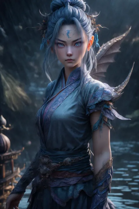 (RAW photo,realistic,photorealistic), Chinese fairy, 1girl\(\) and iris blue dragon, Chinese dragon pan glaring at girl, bun, dark gray background, slim, xianxia style, Cinematic Lighting, Accent Lighting, strong rim light, dramatic_shadow, ray_tracing, 8k, hdr, <lora:add_detail:1.2>, gufeng, <lora:ï¼LIbç¬å®¶åå¸ï¼å½é£CGåLORA_v2.0:0.6>,