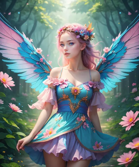 Best Quality, Masterpiece, 1girl, Pose, Particle, Wind, Flower, Upper Body, Blue-Pink Color Scheme, Simple Background, Looking at the Viewer, Flower Fairy, Wings, Forest,