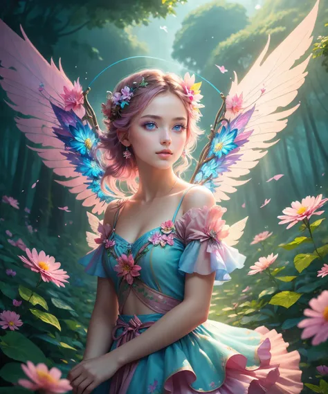 Best Quality, Masterpiece, 1girl, Pose, Particle, Wind, Flower, Upper Body, Blue-Pink Color Scheme, Simple Background, Looking at the Viewer, Flower Fairy, Wings, Forest,