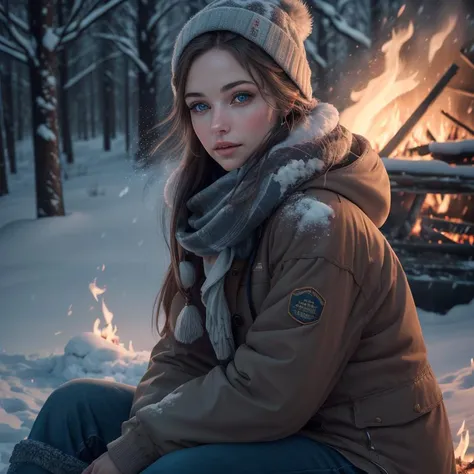 (photo realistic:1.4), (masterpiece, ultra high quality, best quality, 8k, hdr:1.5),
1 woman, long brown hair, blue eyes, puffy winter clothes, fluffy scarf, hair blowing in the wind, winter boots, (camp fire, flames, glow from the fire:1.2), (sitting in the snow:1.2),warming hands on the fire ,
snowy mountains, running stream, groups of pine trees, night sky, stars, <lora:OverallDetail:0.8> OverallDetail, falling snow, (night time:1.2)