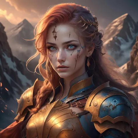 (cgi render, 2.5d :1.5), (masterpiece, best quality, hdr, 8k, sharp, detail:1.5),
female warrior, knight, shining armour, long flowing red hair, war paint, serious look, athletic, beautiful, flowing blue cape, (detailed eyes),
heroic, dramatic,
golden sunset, dynamic lighting, fog,
mountains in the background, magical sky,
OverallDetail, EyeDetail,
<lora:landscapes-6-2023-04-27-120356-6faaedf2:0.6> booscapes