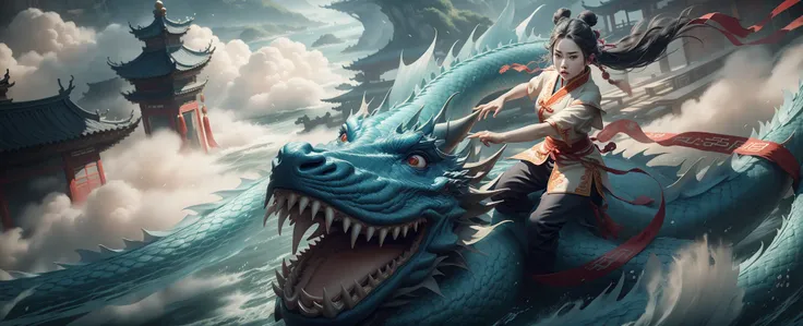 very wide shot, dynamic angle, from above,Chinese mythology, (1girl,chinese girl fighting:1.2 at white chinese-dragon),(bun,black hair,Long red ribbon,chinese clothes),dynamic pose, (solo:1.2),in ocean, clouds,Cinematic Lighting,Accent Lighting,dramatic_shadow,ray_tracing,film still,xianxia style, <lora:xianxia_lorav10:1:Style>