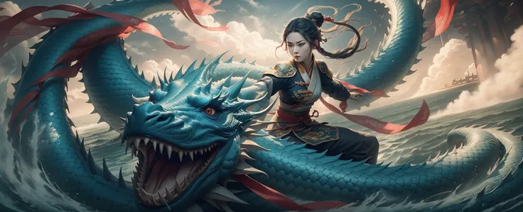 very wide shot, dynamic angle, from above,Chinese mythology, (1girl,chinese girl fighting:1.2 at white chinese-dragon),(bun,black hair,Long red ribbon,chinese clothes),dynamic pose, (solo:1.2),in ocean, clouds,Cinematic Lighting,Accent Lighting,dramatic_shadow,ray_tracing,film still,xianxia style, <lora:xianxia_lorav10:1:Style>