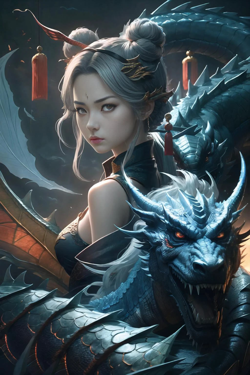 masterpiece, best quality,Chinese fairy, 1girl\(\) and iris red dragon, Chinese dragon pan glaring at girl, bun, dark gray background, <lora:3loraGuofeng3Lora_v32LoraBigLight:0.3> <lora:DreamBasedOnGuofeng3_v10:0.3>