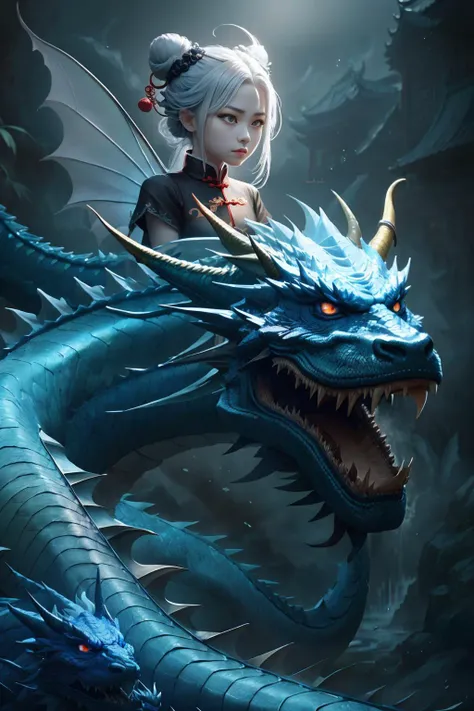 masterpiece, best quality,Chinese fairy, 1girl\(loli\) and iris blue dragon, Chinese dragon pan glaring at girl, bun, dark gray background, <lora:3loraGuofeng3Lora_v32LoraBigLight:0.3> <lora:DreamBasedOnGuofeng3_v10:0.3>