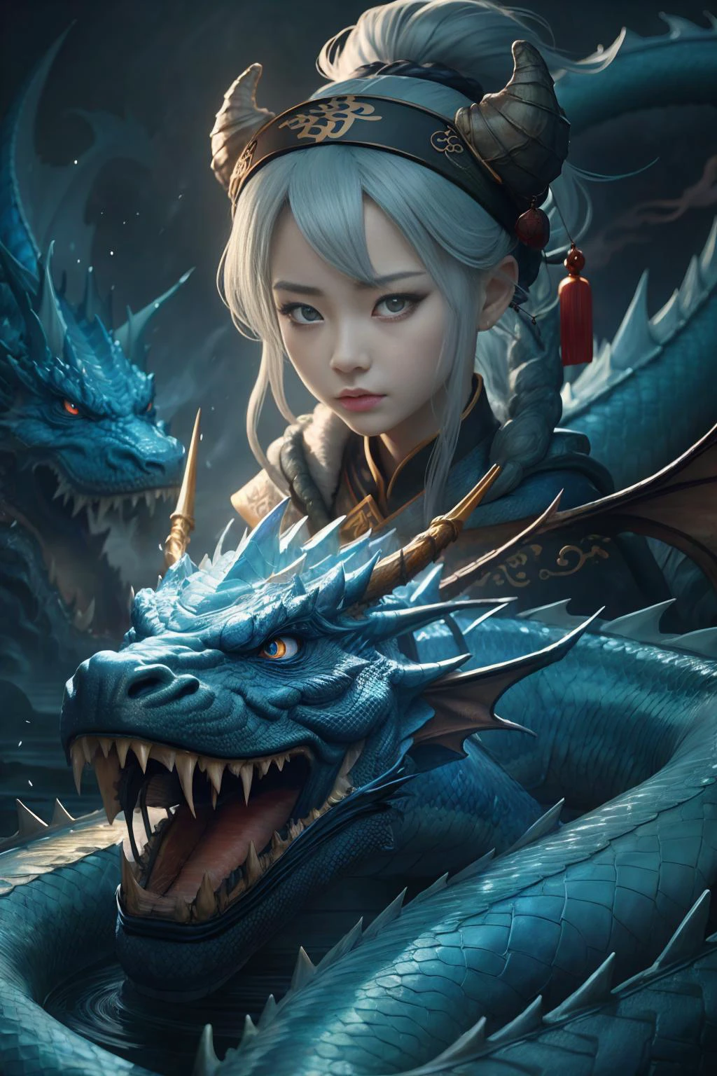 masterpiece, best quality,Chinese fairy, 1girl\(\) and iris blue dragon, Chinese dragon pan glaring at girl, bun, dark gray background,