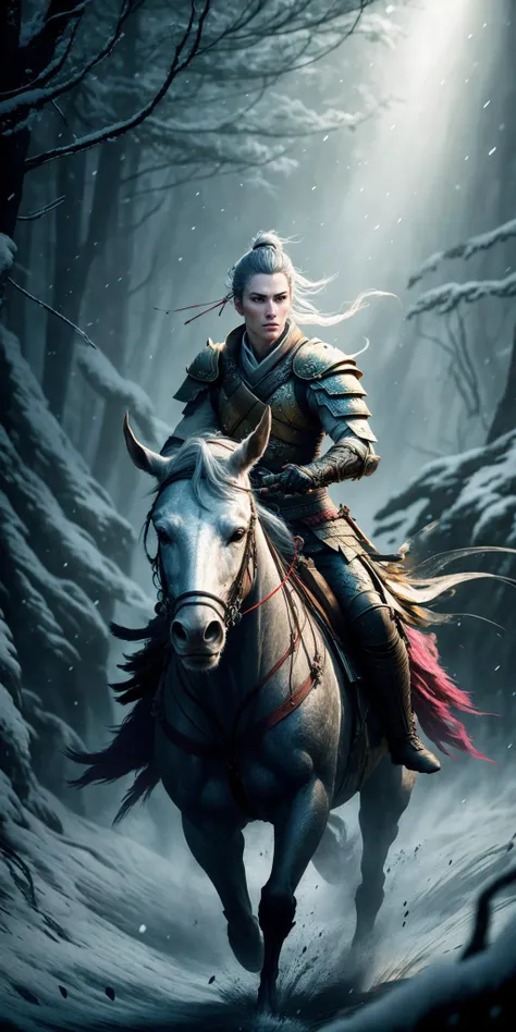 panoramic view, Samurai riding a horse in a snowy forest Cinematic lighting, Unreal Engine 5, Cinematic, Color Grading, Editorial Photography, Photography, Photoshoot, Shot on 70mm lense, Depth of Field, DOF, Tilt Blur, Shutter Speed 1/1000, F/22, White Balance, 32k, Super-Resolution, Megapixel, ProPhoto RGB, VR, tall, epic, artgerm, alex ross, Halfrear Lighting, Backlight, Natural Lighting, Incandescent, Optical Fiber, Moody Lighting, Cinematic Lighting, Studio Lighting, Soft Lighting, Volumetric, Contre-Jour, dark Lighting, Accent Lighting, Global Illumination, Screen Space Global Illumination, Ray Tracing Global Illumination, Red Rim light, cool color grading 45%, Optics, Scattering, Glowing, Shadows, Rough, Shimmering, Ray Tracing Reflections, Lumen Reflections, Screen Space Reflections, Diffraction Grading, Chromatic Aberration, GB Displacement, Scan Lines, Ray Traced, Ray Tracing Ambient Occlusion, Anti-Aliasing, FKAA, TXAA, RTX, SSAO, Shaders, OpenGL-Shaders, GLSL-Shaders, Post Processing, Post-Production, Cel Shading, Tone Mapping, CGI, VFX, SFX, insanely detailed and intricate, hypermaximalist, elegant, hyper realistic, super detailed, dynamic pose, centered, photography