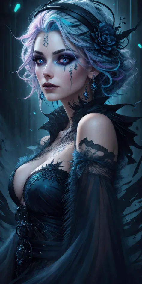 1 goth girl, hyperrealistic watercolor masterpiece, dark makeup, black lip stick, eyeliner, full fluffy black hair,
at night, twilight, evening, outside, particles visible, light from behind, hyper realistic detailed lighting, hyper realistic shadows, dust visible, light fog, visible breath
hyperrealistic watercolor masterpiece, smooth soft skin, big dreamy eyes, beautiful fluffy volume colored hair with neon streaks bioluminescence, symmetrical, anime wide eyes, soft lighting, detailed face, wlop, rossdraws, concept art, digital painting, looking into camera