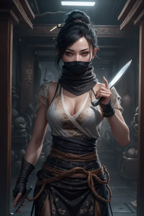 masterpiece, best quality,gorgeous,amazing,epic,1girl,ninja-mask,slim body,kong-fu,black hair,black eyes,Chinese hairstyle,see-through,cinematic Lighting,Accent Lighting,dramatic_shadow,ray_tracing,complex clothes and patterns, fighting,holding knife,hair-bangs,scarf <lyco:mjv5-0511-lyco:0.25>