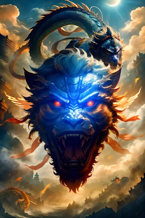 sun_wukong, Beijing opera,glowing eyes, fly in sky,clouds <lyco:XII_lycorisWukongTestV02:0.6>, masterpiece, best quality,chinese dragon,fighting between dragon and sun_wukong,