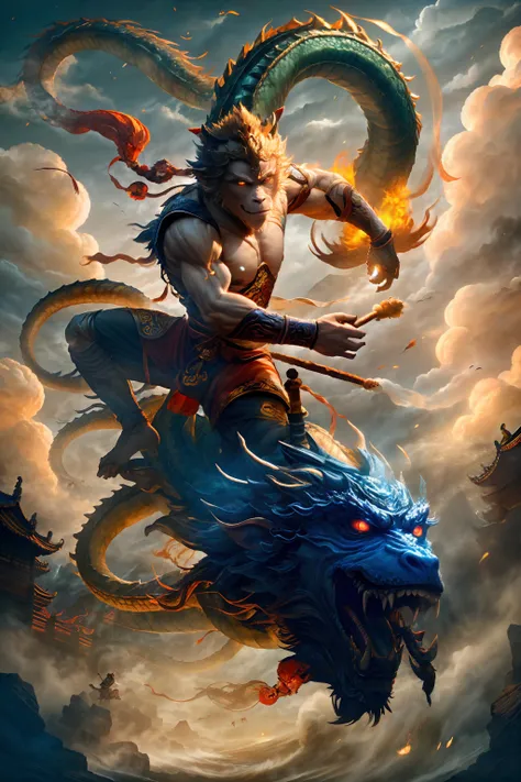 sun_wukong, Beijing opera,glowing eyes, fly in sky,clouds <lyco:XII_lycorisWukongTestV02:0.6>, masterpiece, best quality,chinese dragon,fighting between dragon and sun_wukong,