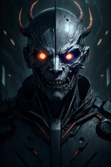 (RAW photo,realistic,photorealistic), A portrait of a demon cyborg ghost, a mask, cinematic, melancholy, dynamic lighting, complicated background, Cinematic Lighting, Accent Lighting, strong rim light, dramatic_shadow, ray_tracing, 8k, hdr, <lora:add_detail:1.2>,