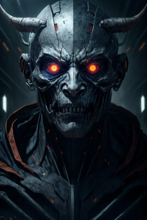 (RAW photo,realistic,photorealistic), A portrait of a demon cyborg ghost, a mask, cinematic, melancholy, dynamic lighting, complicated background, Cinematic Lighting, Accent Lighting, strong rim light, dramatic_shadow, ray_tracing, 8k, hdr, <lora:add_detail:1.2>,