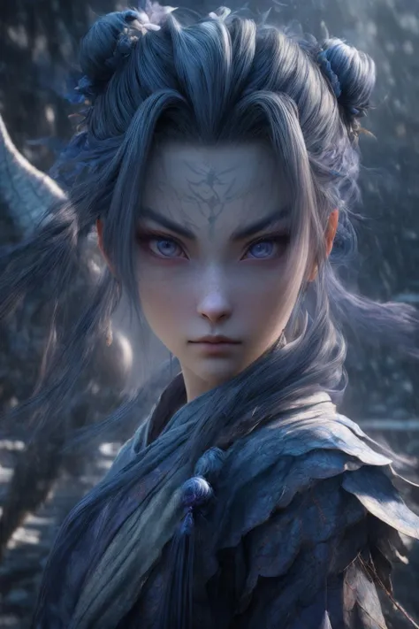 (RAW photo,realistic,photorealistic), Chinese fairy, 1girl\(\) and iris blue dragon, Chinese dragon pan glaring at girl, bun, dark gray background, slim, xianxia style, Cinematic Lighting, Accent Lighting, strong rim light, dramatic_shadow, ray_tracing, 8k, hdr, <lora:add_detail:1.2>, gufeng, <lora:ï¼LIbç¬å®¶åå¸ï¼å½é£CGåLORA_v2.0:0.9>,