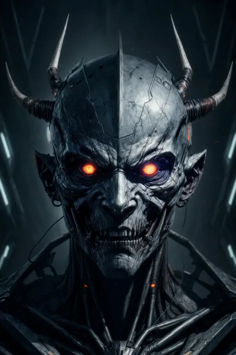 (RAW photo,realistic,photorealistic), A portrait of a demon cyborg ghost, a mask, cinematic, melancholy, dynamic lighting, complicated background, Cinematic Lighting, Accent Lighting, strong rim light, dramatic_shadow, ray_tracing, 8k, hdr, <lora:add_detail:1.2>,