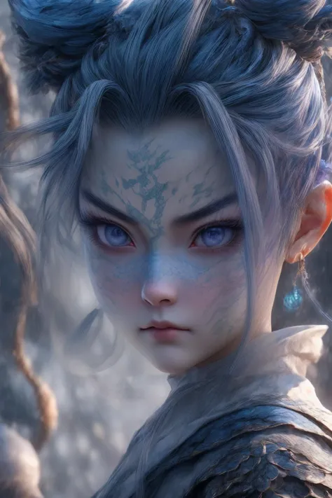 (RAW photo,realistic,photorealistic), Chinese fairy, 1girl\(\) and iris blue dragon, Chinese dragon pan glaring at girl, bun, dark gray background, slim, xianxia style, Cinematic Lighting, Accent Lighting, strong rim light, dramatic_shadow, ray_tracing, 8k, hdr, <lora:add_detail:1.2>, gufeng, <lora:ï¼LIbç¬å®¶åå¸ï¼å½é£CGåLORA_v2.0:0.9>,