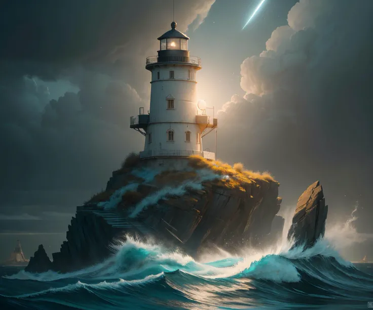 The lighthouse in sea breeze, acrylic on canvas, in the style of monochrome toning, dramatic lighting effects, naturalistic, atmospheric animal paintings, dark silver and light cyan, light navy and yellow, uhd image, highly detailed figures, Miki Asai Macro photography, close-up, hyper detailed, trending on artstation, sharp focus, studio photo, intricate details, highly detailed, by greg rutkowski,