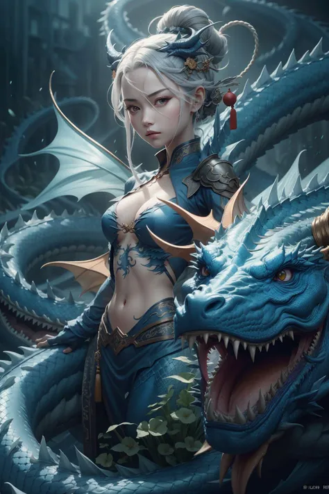 masterpiece, best quality,Chinese fairy, 1girl\(\) and iris blue dragon, Chinese dragon pan glaring at girl, bun, dark gray background,