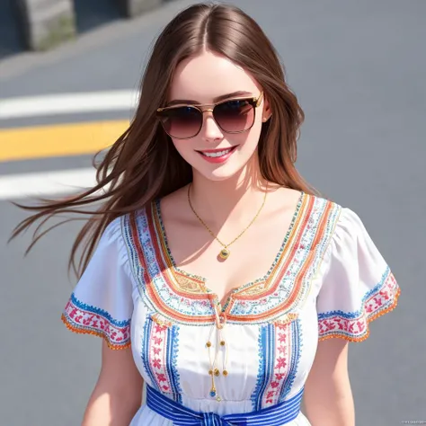 Masterpiece, high quality, 4K, beautiful design, shiny, from above, top angle, (redshift style:1.1), (analog style:1.1), sexy, realistic, photo shoot, professional, high contrast, European woman,[Elle Fanning|Lana Rhoades], 1girl, solo, expressive look, HDR, highest quality, sharp focus, looking at viewer, facing viewer, 8k, blue eyes, superb quality, analog style, full body shot, woman walking in the streets, woman smiling, excited, wearing sunglasses,

 <lora:FrenchSummerWear1:0.65>,FSW, a woman in a white dress and heels superb embroidery on the dress, with floral print , woman wearing FSW
