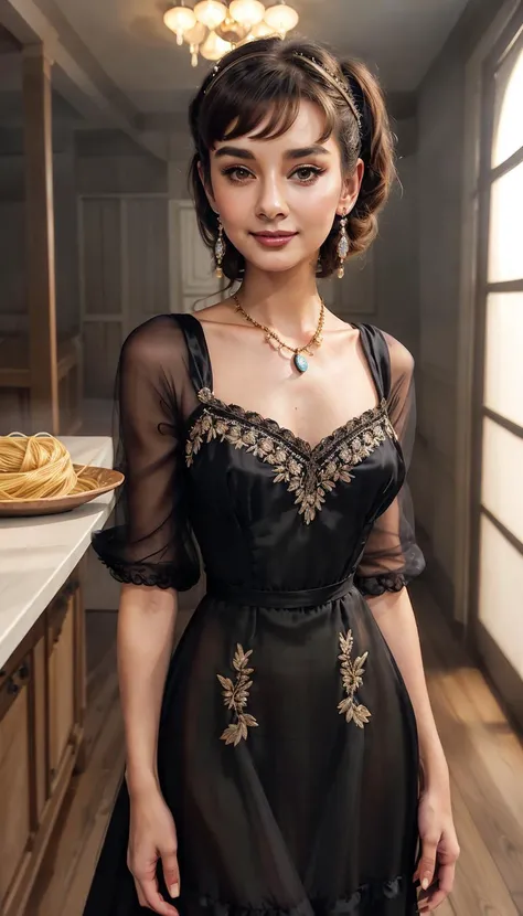 a full body photo of AudreyH_SoloTI_v1, (from front), dark brown hair, brown eyes, smirking smile, makeup, ((embroidered black silk spaghetti strap summer dress)), standing in a simple living room with wood floor, intricate dangling earrings, diamond necklace, <lora:Summer_Dress:0.7>
