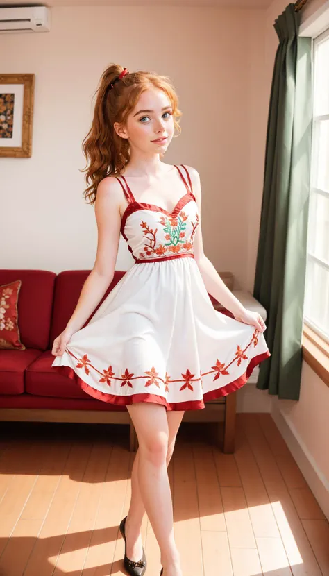 (masterpiece, best quality:1.2), (full shot:1.2), from front, a beautiful young woman tv_Adelaide_MXAI, (slender fit body), green eyes, (wavy red hair:1.2), pale skin, blush, (wearing an embroidered red silk summer dress), standing, dynamic pose, simple living room background, wood floors, <lora:breastsizeslideroffset:0.25>, <lora:Summer_Dress:0.7>
