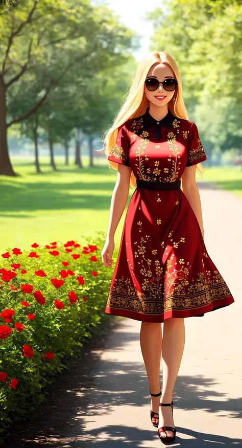 Masterpiece, 4K, superb quality, analog style, woman wearing a long black summer dress,red flower pattern,golden embroidery, sunglasses,long blonde hair, looking at viewer,seductive smile, glossy skin, babe, bimbo, full body shot, walking in a park, picture taken by a sony camera from below , <lora:Summer_Dress:0.8>,