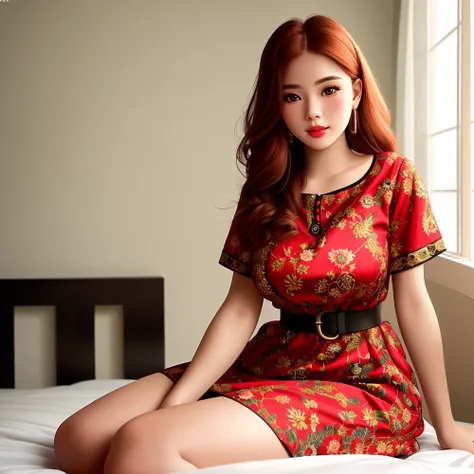 solo, 1girl, Masterpiece, 4K, superb quality, analog style, woman wearing a summer_dress, long dress, black, red flower pattern, golden embroidery, long red hair, looking at viewer,seductive smile, (puffy lips:1.2) glossy skin, babe, bimbo, full body shot,sitting on the bed, in a bedroom, picture taken by a sony camera from below, <lora:Summer_Dress:0.75>, ultra realistic looking, realistic skin, skin pores, analog style,