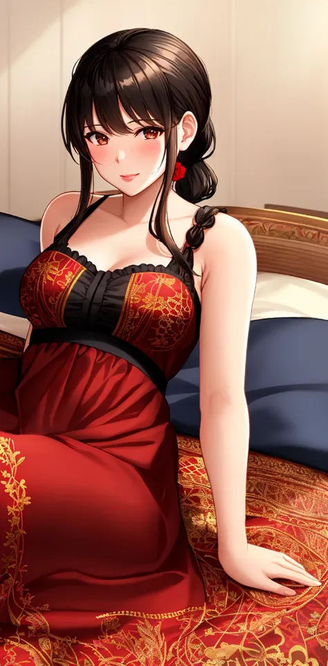 solo, 1girl, Masterpiece, 4K, superb quality, analog style, woman wearing a summer_dress, long dress, black, red flower pattern, golden embroidery, sunglasses, long dark hair, looking at viewer,seductive smile, (puffy lips:1.2) glossy skin, babe, bimbo, full body shot,sitting on the bed, in a bedroom, hair tied in a ponytail picture taken by a sony camera from below, <lora:Summer_Dress:0.75>, ultra realistic looking, realistic skin, skin pores, analog style,
