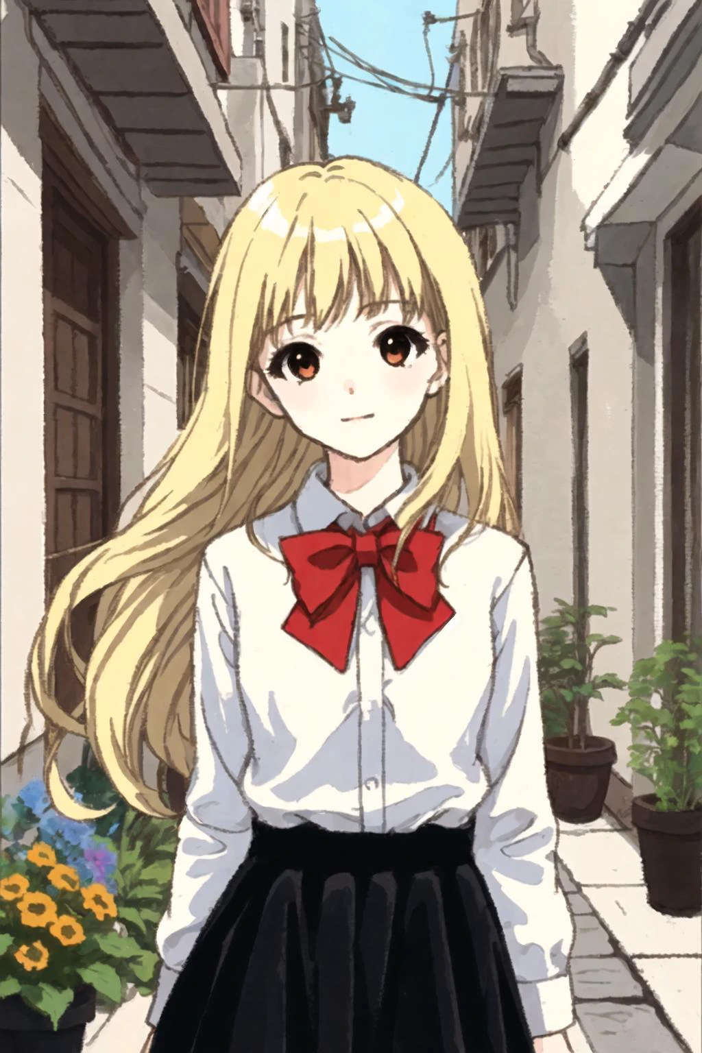 girl, long blonde hair, brown eye, white shirt, in alley, blue sky, flower pot,looking at viewer, black skirt, red bowtie
<lora:R2W_paint:1>