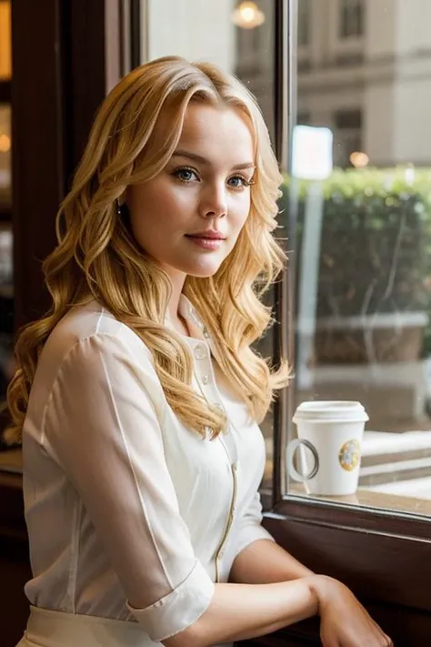 helenamattsson in a coffee shop, looking out the window, calm, well-dressed