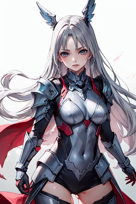 <lora:Michiking_V73:1>, ultra detailed, masterpiece, best quality, aesthetic, detailed,, serious, 1girl, (white eyes:1.1), (grey eyes:1.3), white hair, very long hair, parted hair, parted bangs, <lora:parted_hair_v1.3:1.3>, medium breasts,, valkyrie, (bodysuit:1.1), pink wing hair ornament, grey armored skirt, black bodysuit, armor, gauntlets, pink breastplate, greaves, armored dress, pink hues,