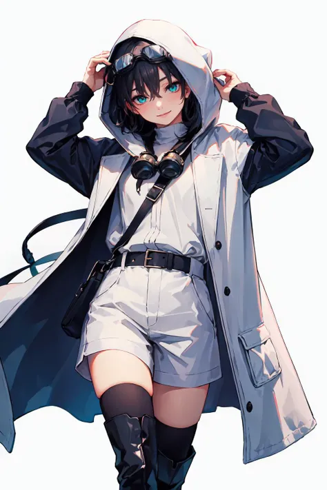 <lora:Kreamie:1> Kreamie,, absurdres, ultra detailed, masterpiece, best quality, aesthetic, detailed,, ultra detailed, masterpiece, best quality, solo, smile, 1boy, green eyes, short hair, black hair, bangs, hair between eyes, messy hair, (goggles on head:1.2),, headband, white coat, hooded coat, hood down, open coat, turtleneck, capri pants, pants, black knee boots,