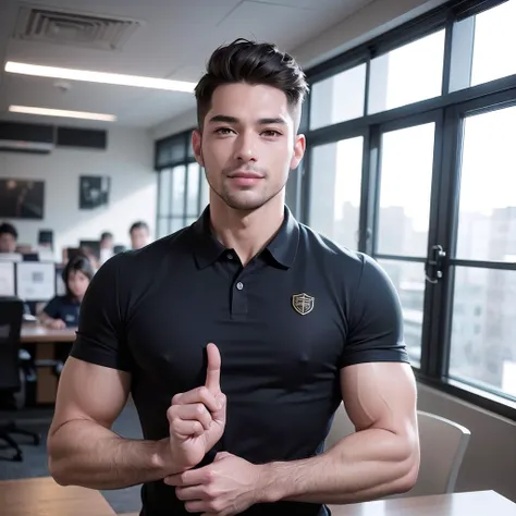 1boy, standing, best quality, masterpiece, RAW, close up, bodybuilder, photorealistic render, portrait view, office room, a muscular man wearing black polo shirt standing in front of the camera, look at the camera, big muscle, tanned skin, modern office interior, smiling, upper body shot, handsome face, high detail, brown eyes, medium shot view, realistic body proportion, perfect body, cinematic lighting, cinematic view, dramatic lighting, intricate, The artwork should be centered, nice finger pose, minimalist house background, sunny day,