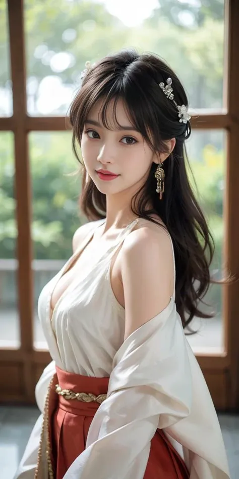 (looking at viewer,close in viewer:1.6),cleavage,small breasts,(beauty hair,ostentatious hair accessories,gorgeous hair accessories,light smile:1.15),1girl,light smile,happy,((((upper body,real face photo,indoor background,has window,background blur)))),big eyes,analog style,physically-based rendering,ultra-detailed,professional lighting, photon mapping,(outdoor,bokeh),(RAW photo, best quality, masterpiece:1.3), (realistic, photo-realistic:1.3),detailed facial features,slim girl,tassel, innocent, bangs,(pureerosface_v1:0.55) ,(ulzzang-6500-v1.1:0.75),(flower_style:0.05),<lora:bridal_hairstyle-10:0.1>,(bridal hairstyle:1.15),ear ring,hair bow,hair ring,bare shoulders, bare abdomen,cosplay style,(deep-V style hanfu with miniskirt:1.25),silk style,slim waist,a littie naked,narrow miniskirt,<lora:hanfu_v29:0.1>,<lora:hanfu_v28:0.12>,<lora:hanfu_v30:0.1>,<lora:hanfuMing30:0.1>,more colorful clothes,(front view photo,look at viewer,real face photo:1.5),naked body with hanfu,more naked style,