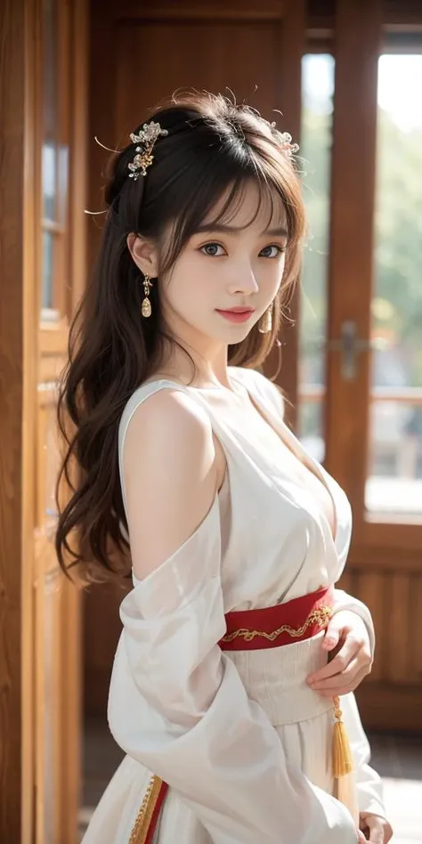 (looking at viewer,close in viewer:1.6),cleavage,small breasts,(beauty hair,ostentatious hair accessories,gorgeous hair accessories,light smile:1.15),1girl,light smile,happy,((((upper body,real face photo,indoor background,background blur)))),big eyes,analog style,physically-based rendering,ultra-detailed,professional lighting, photon mapping,(outdoor,bokeh),(RAW photo, best quality, masterpiece:1.3), (realistic, photo-realistic:1.3),detailed facial features,slim girl,tassel, innocent, bangs,(pureerosface_v1:0.55) ,(ulzzang-6500-v1.1:0.75),(flower_style:0.05),<lora:bridal_hairstyle-10:0.1>,(bridal hairstyle:1.15),ear ring,hair bow,hair ring,bare shoulders, bare abdomen,cosplay style,(deep-V style hanfu with miniskirt:1.25),silk style,slim waist,a littie naked,narrow miniskirt,<lora:hanfu_v29:0.1>,<lora:hanfu_v28:0.12>,<lora:hanfu_v30:0.1>,<lora:hanfuMing30:0.1>,more colorful clothes,(front view photo,look at viewer,real face photo:1.5),naked body with hanfu,more naked style,