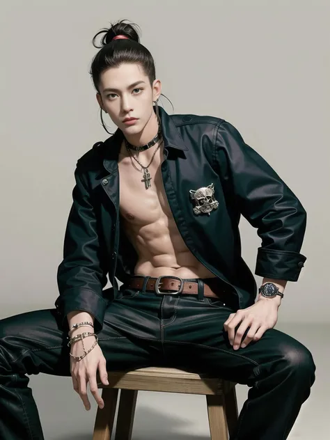 1man, solo, (no shirt),no top wear ((show abs 6 pack)), black sagged jean, skull belt, punk style, funky, skull earring, cross necklace, fashion photo, stuning view, street fashion, harajuku tokyo, bandage in hand, low angle view, full-body, black boots, 0.5 zoom, photoshoot, tattoo full body top, white man bun hairstyle, <lora:blondBoy_:0.75> <lora:GFman-000002:0.4> <lora:chineseMaleLikeness_chineseMaleLikeness3:0.65>