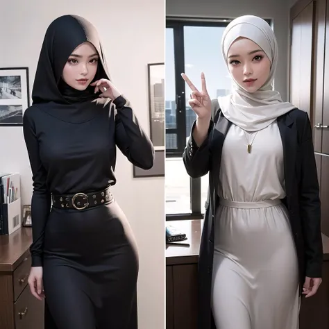 Multiple_girls, 1girls, Group_picture, lineup, standing, best quality, masterpiece, RAW, close up, photorealistic render, portrait view, office room, a young beautiful woman wearing a long hijab and black hoodie standing in front of the camera, long skirt, black long dress, loose clothes, black jacket, full cover body, three different skin tones, 3 different races, modern office interior, smiling, upper body shot, beautiful face, high detail, brown eyes, medium shot view, realistic body proportion, perfect body, cinematic lighting, cinematic view, dramatic lighting, intricate, The artwork should be centered, nice finger pose, minimalist house background, sunny day,