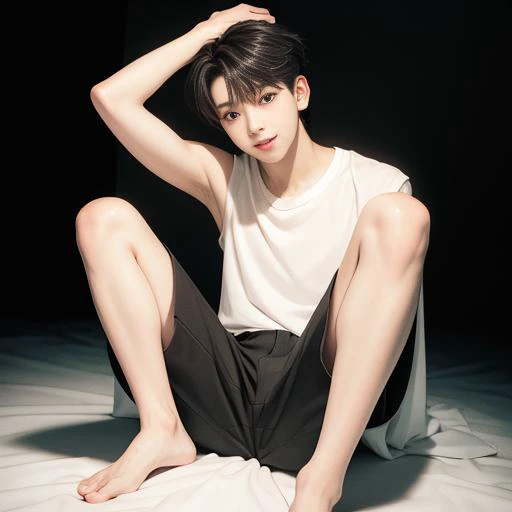 masterpiece, best quality, male,hansome,shiny skin, short hair, soobin,<lora:soobinTXT_v10:1> ,armpits, smile,shorts,knee,wet cloth, spread legs, pants, shoes,kid,8__old_b barefoot,, high quality photography, 3 point lighting, flash with softbox, 4k, Canon EOS R3, hdr, smooth, sharp focus, high resolution, award winning photo, 80mm, f2.8, bokeh, (((masterpiece))), (((best quality))), ((ultra-detailed)), (+++perfect hand+++:1.2)
