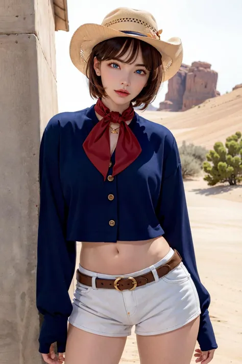 (masterpiece, best quality:1.4), absurdres, highres, ultra detailed, beautiful, 1girl, (cowboy, cowboy western, cowboy hat:1.4), (perfect face, detailed face, beautiful:1.3), (blue eyes, golden hair, bangs, hair intakes, short hair), (natural breasts, cleavage), collarbone, brown vest ,collared shirt, fingerless gloves, gloves, hat, navel, neckerchief, red neckerchief, revolver, short shorts, shorts, thick thighs, thighs, multiple belts, (desert:1.4), (gmv1), <lora:EpiNoiseOffset:0.3>, <lora:EimiFukada:0.6>,