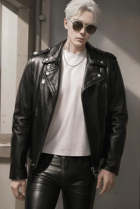 (masterpiece), (best_quality), (ultra-detailed), (illustration) 1man, solo, black leather jacket, white t-shirt, black leather pants, black leather boots, skull chain necklace, biker theme, standing in front custom bike, white hair color, sunglasses, backdrop in factory, dim light, studio light, > <lora:epiNoiseoffset_v2:0.5> <lora:blondBoy_:0.4> <lora:chineseMaleLikeness_chineseMaleLikeness3:0.8>